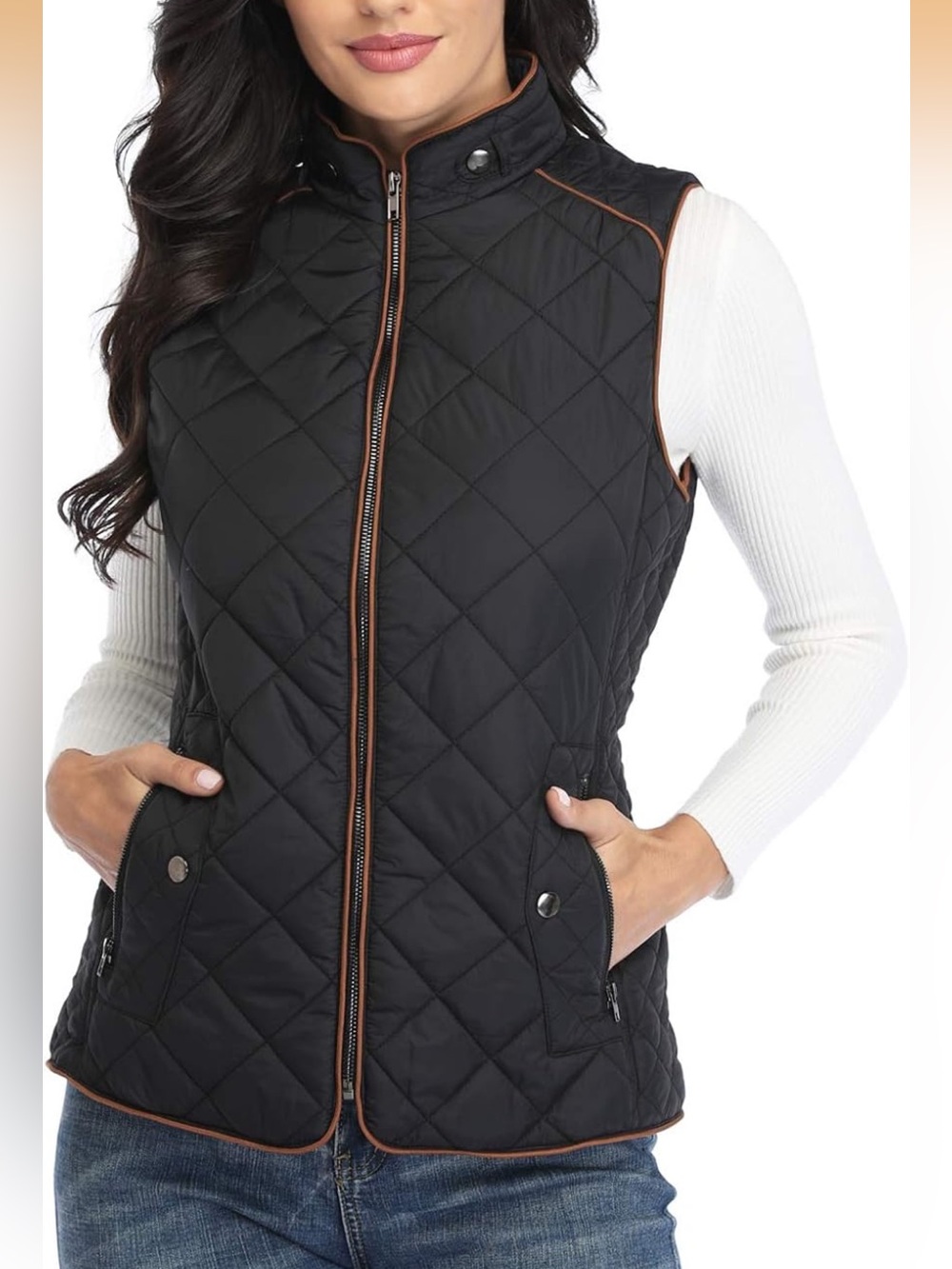 Amazon Essentials Black Quilted Vest with Brown Contrast Piping
